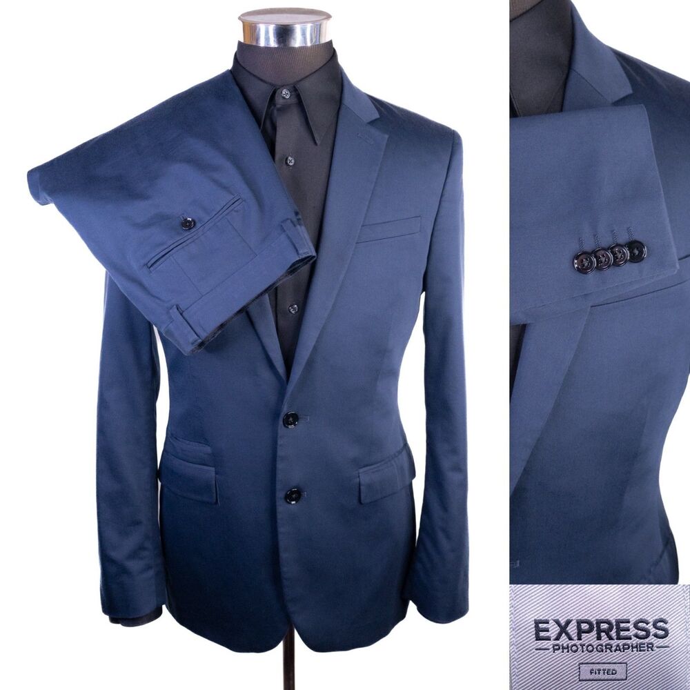 Express Photographer 2-Pcs Solid Blue Suit Jacket Sz 38R Pants 31X29 Cotton Blnd